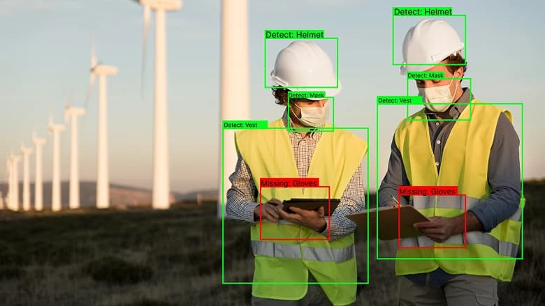 Workers wearing helmets onsite