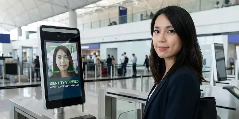 Woman beside facial terminal