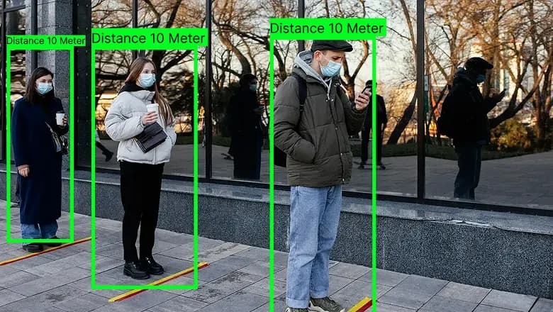 People standing with spacing
